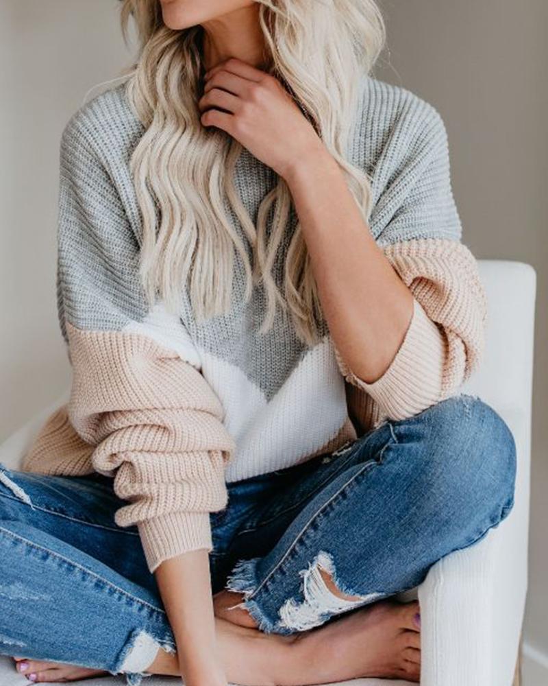 

Ins Colorblock Round Neck Sweater, Apricot