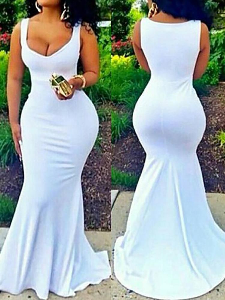 

Sexy Solid Low Cut Slinky Fishtail Maxi Dress