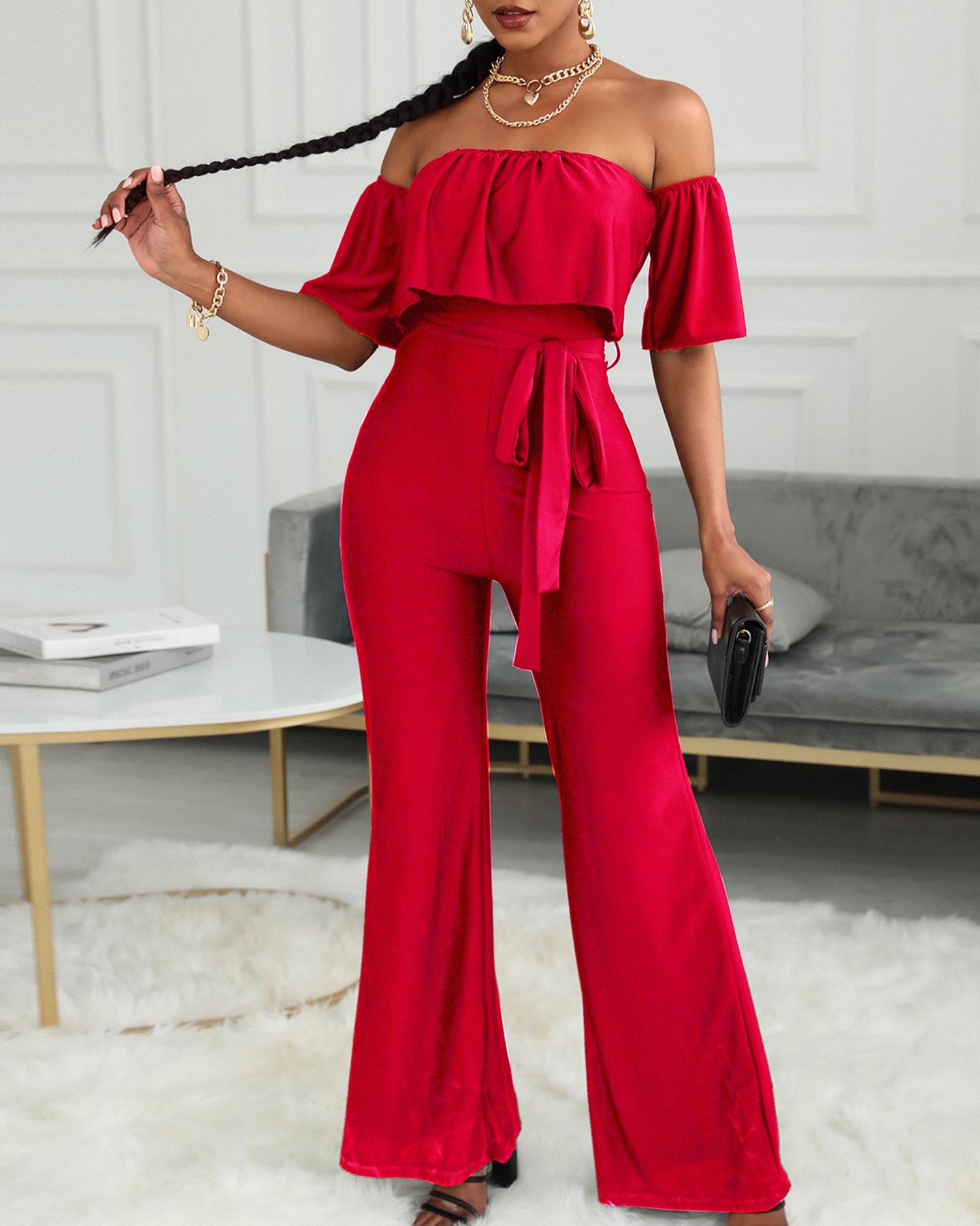 

Plain Off Shoulder Ruffle Hem Wide Leg Jumpsuit, Red