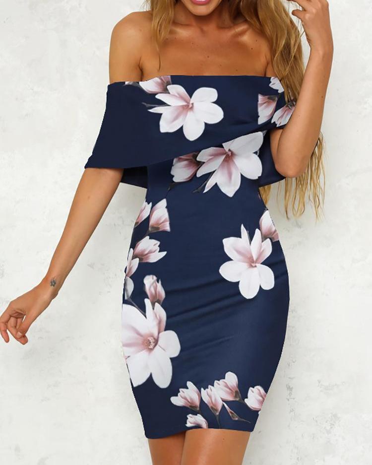 

Floral Ruffled Off Shoulder Bodycon Dress, Multicolor