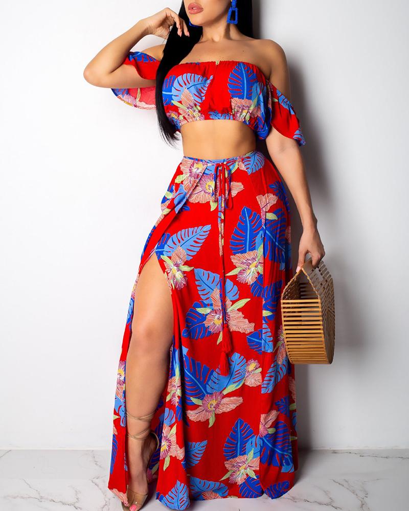 

Floral Printed Tube Top & Maxi Slit Skirt Set, Red