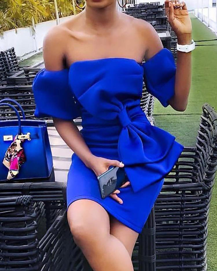 

Bowknot Design Puff Sleeve Bodycon Dress, Blue