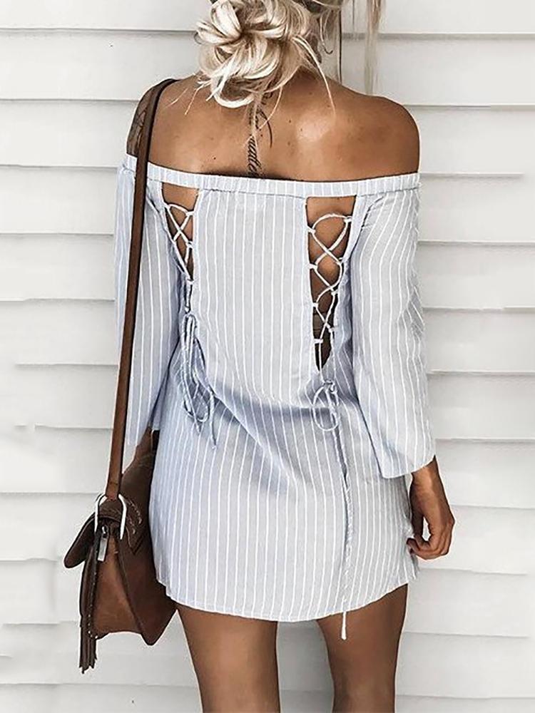 

Off Shoulder Lace-up Back Striped Casual Dress, Gray