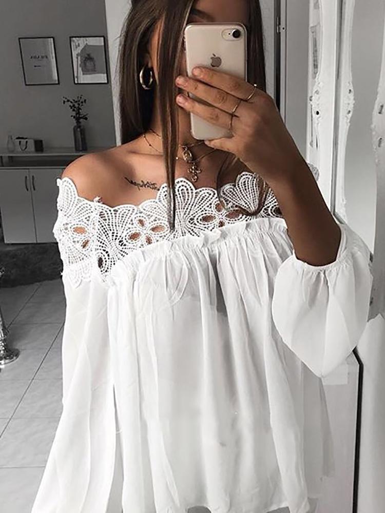 

Crochet Lace Splicing Off Shoulder Casual Blouse, White