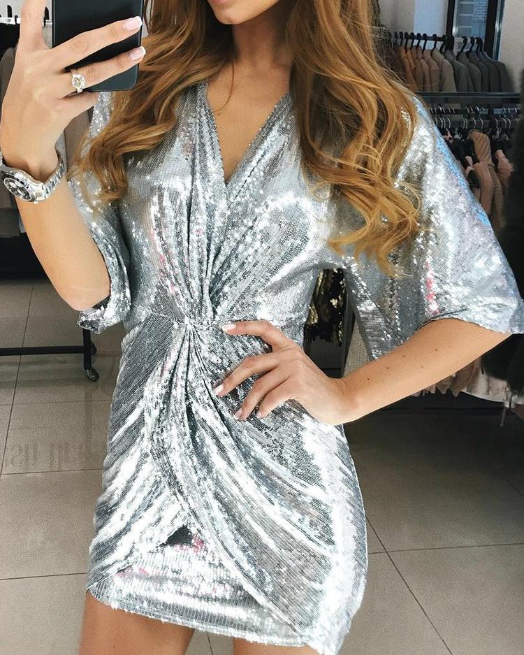 

Glittering V-Neck Ruched Mini Dress, Silver