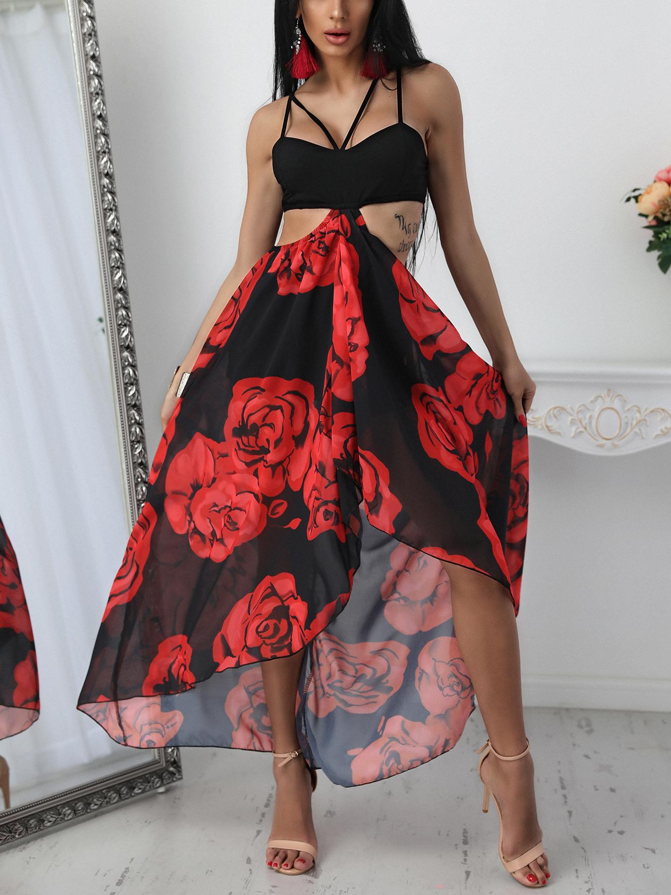 

Sexy Floral High Slit Slit Backless Maxi Dress