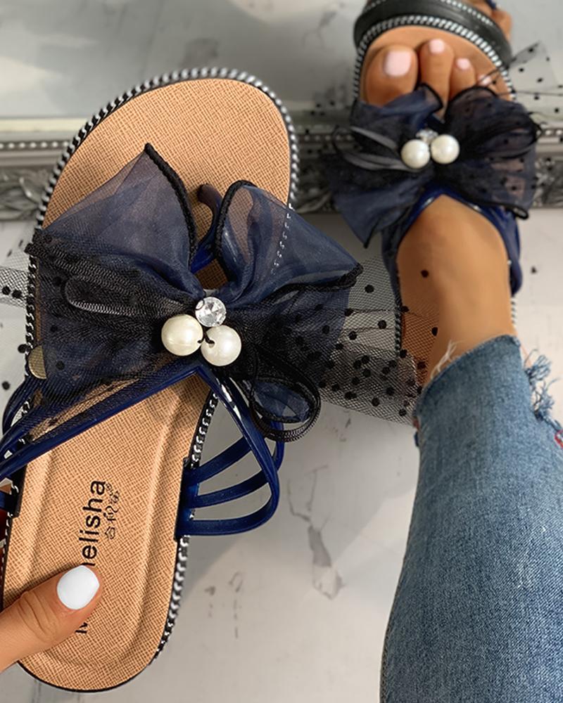 

Beaded Multi-Strap Mesh Bowknot Flat Sandals, Blue