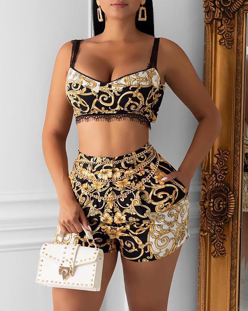 

Lace Retro Print Spaghetti Strap Crop Top & Short Sets, Black