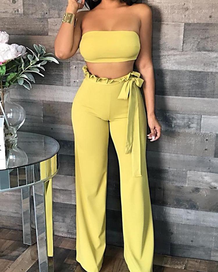 

Bandeau Top & Frills waist Wide Leg Pants Set, Yellow