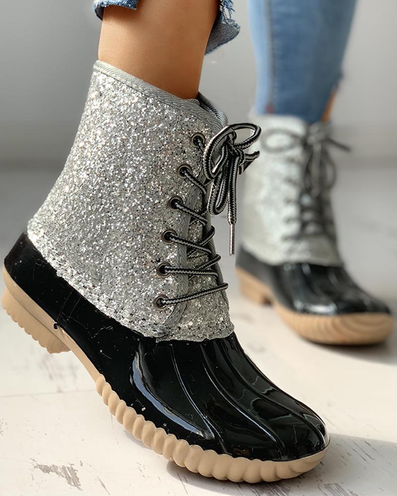 

Eyelet Lace-Up Sequins Flat Ankle Boots, Silver