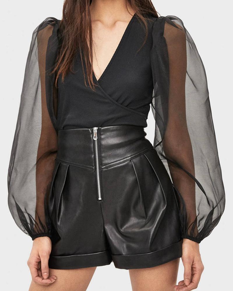 

Fashion Design Zipper High-rise Leather Shorts, Black