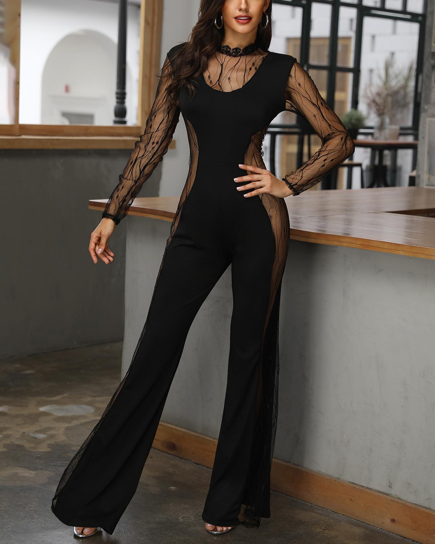 

Mesh Stitching Flared Jumpsuit, Black