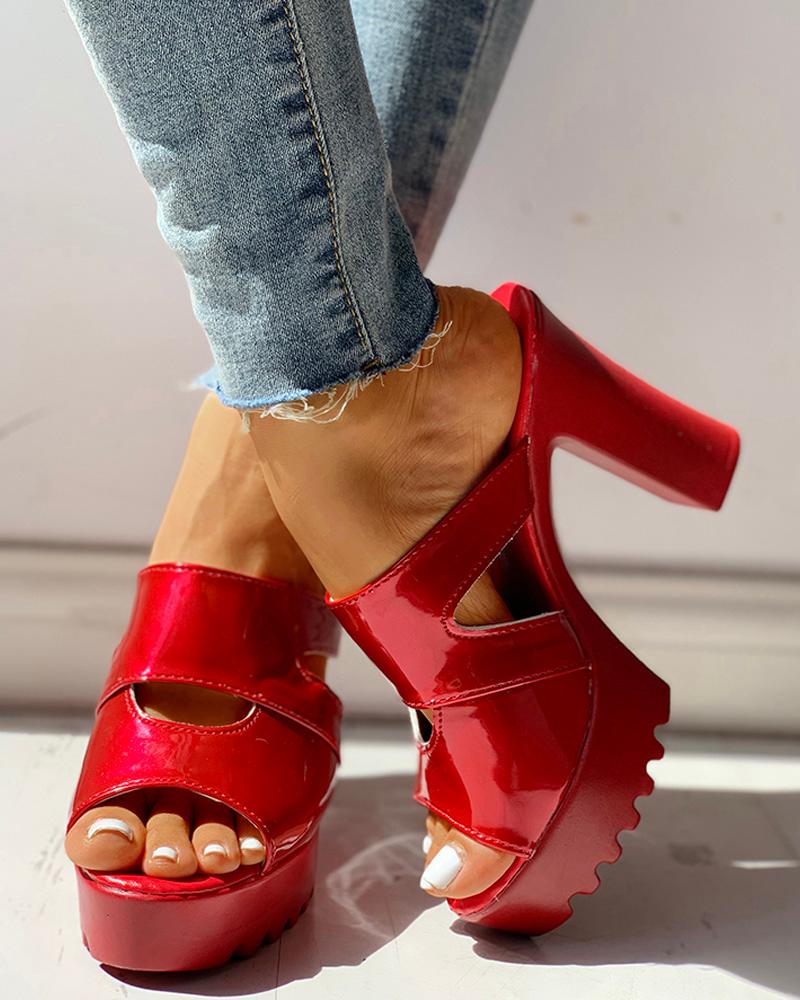 

Solid PU Hollow Out Platform Chunky Heeled Sandals, Red