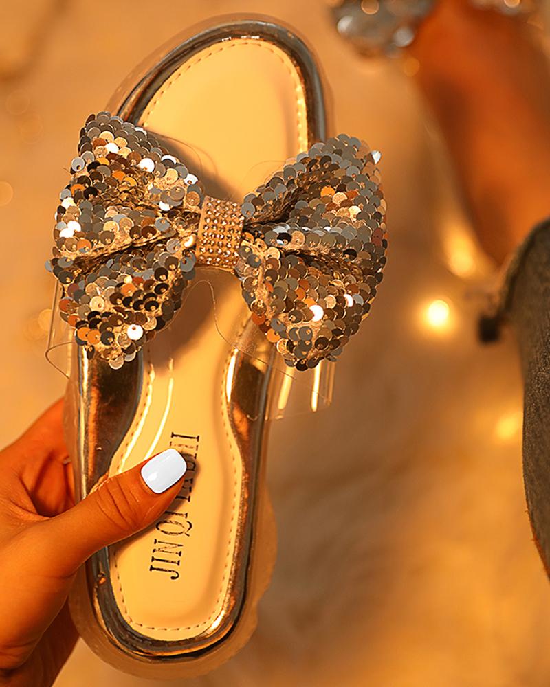 

Sequins Bowknot Design Casual Sandals, Silver