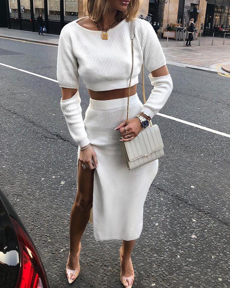 

Solid Round Neck Ribbed Cut Out Crop Top & High Slit Skirt Sets, White