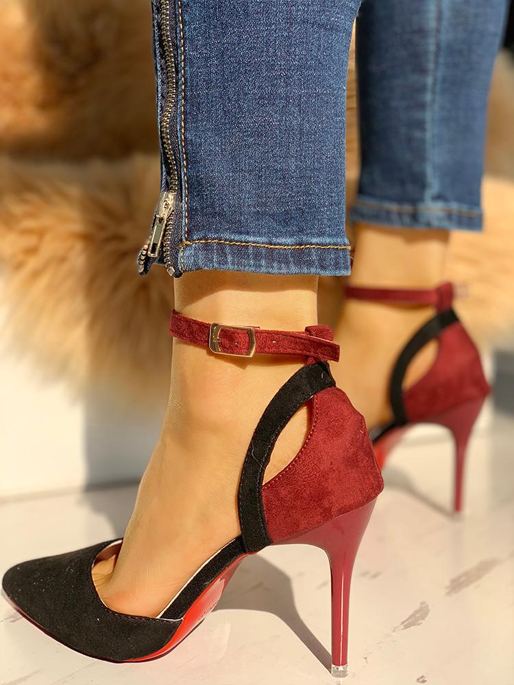 

Suede Pointed Toe Ankle Strap Thin Heels, Red