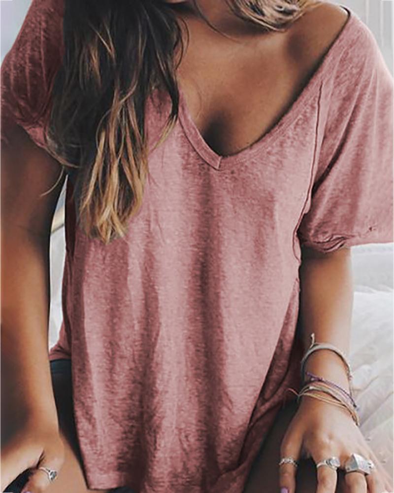 

Solid V-neck Short Sleeve Casual T-shirt, Red