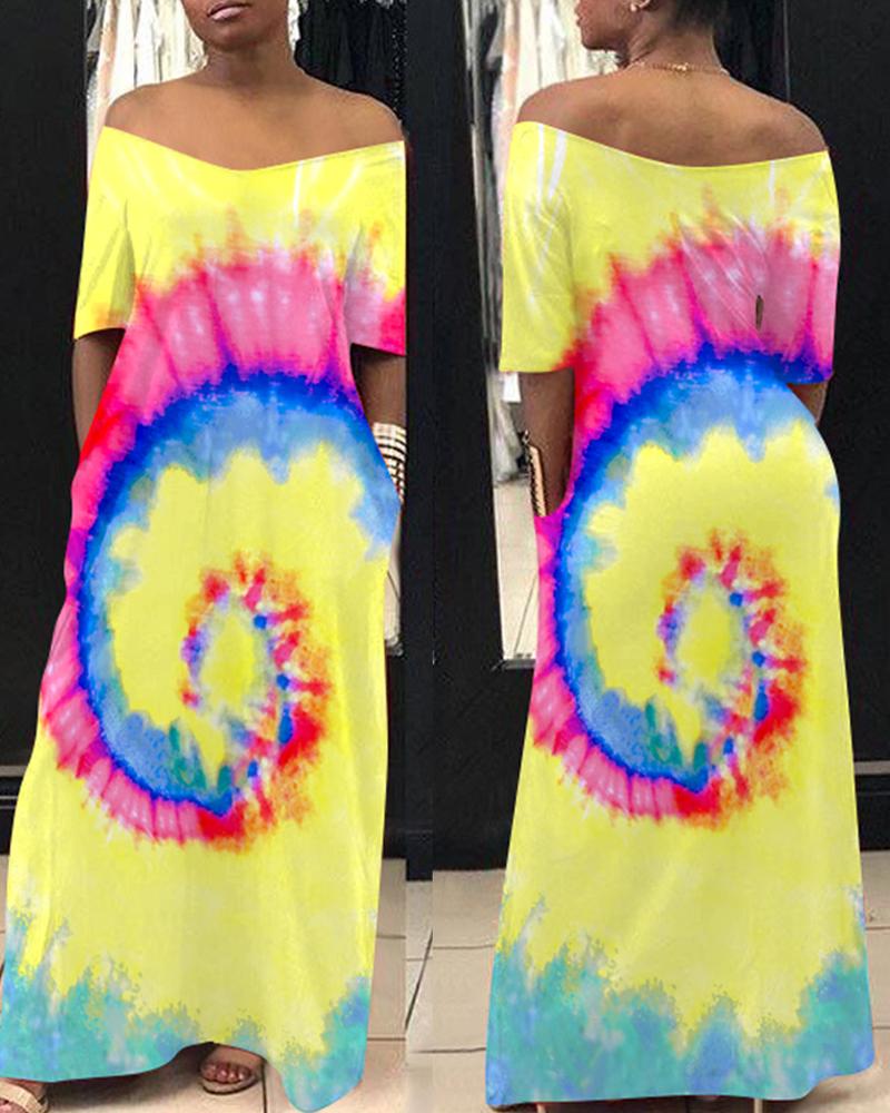 

Colorful Tie Dye Print Short Sleeve Maxi Dress, Yellow