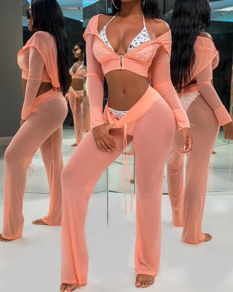 

Sheer Mesh Cropped Hoodie Pantsuit
