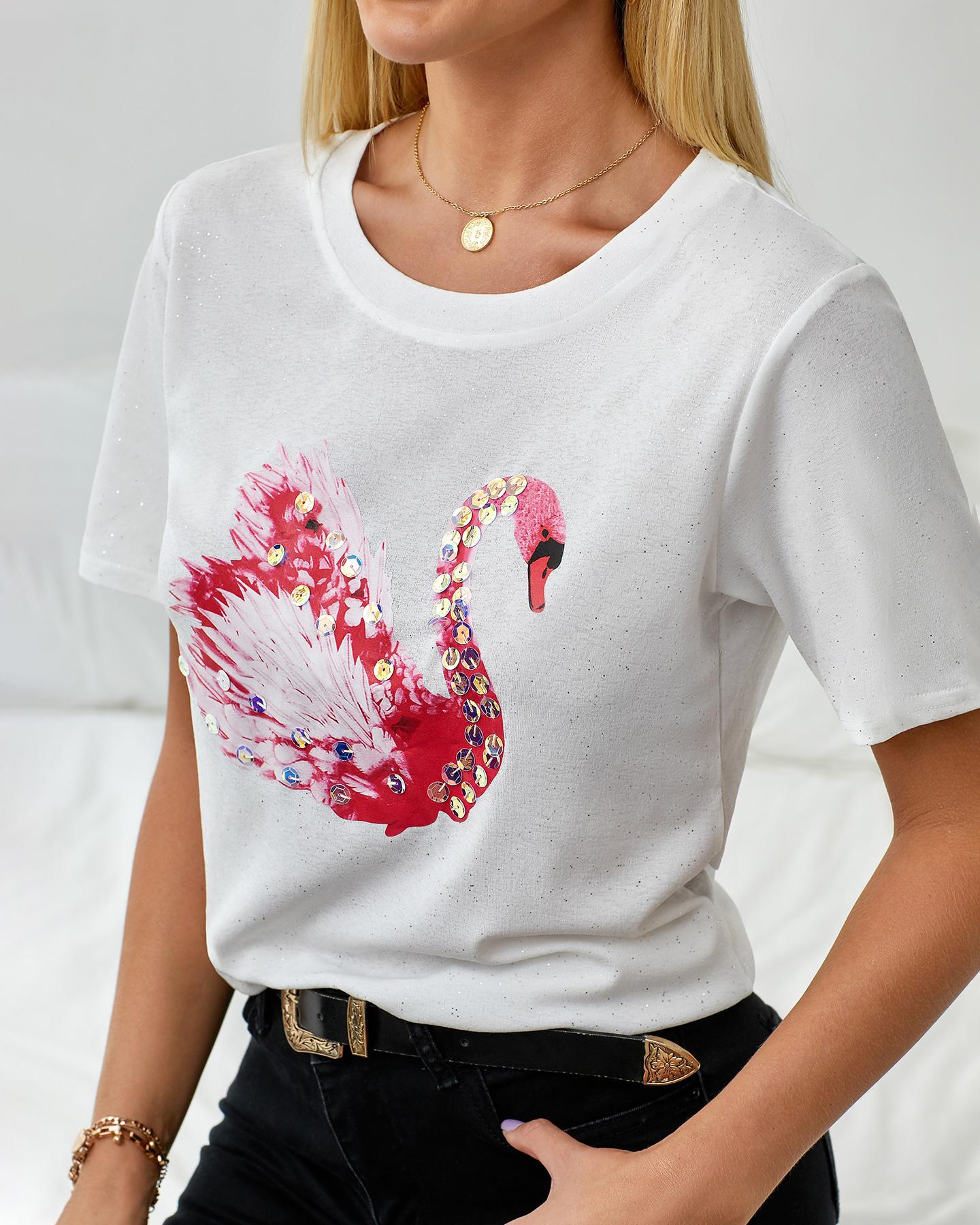 

Sequins Flamingo Pattern Casual T-shirt, White
