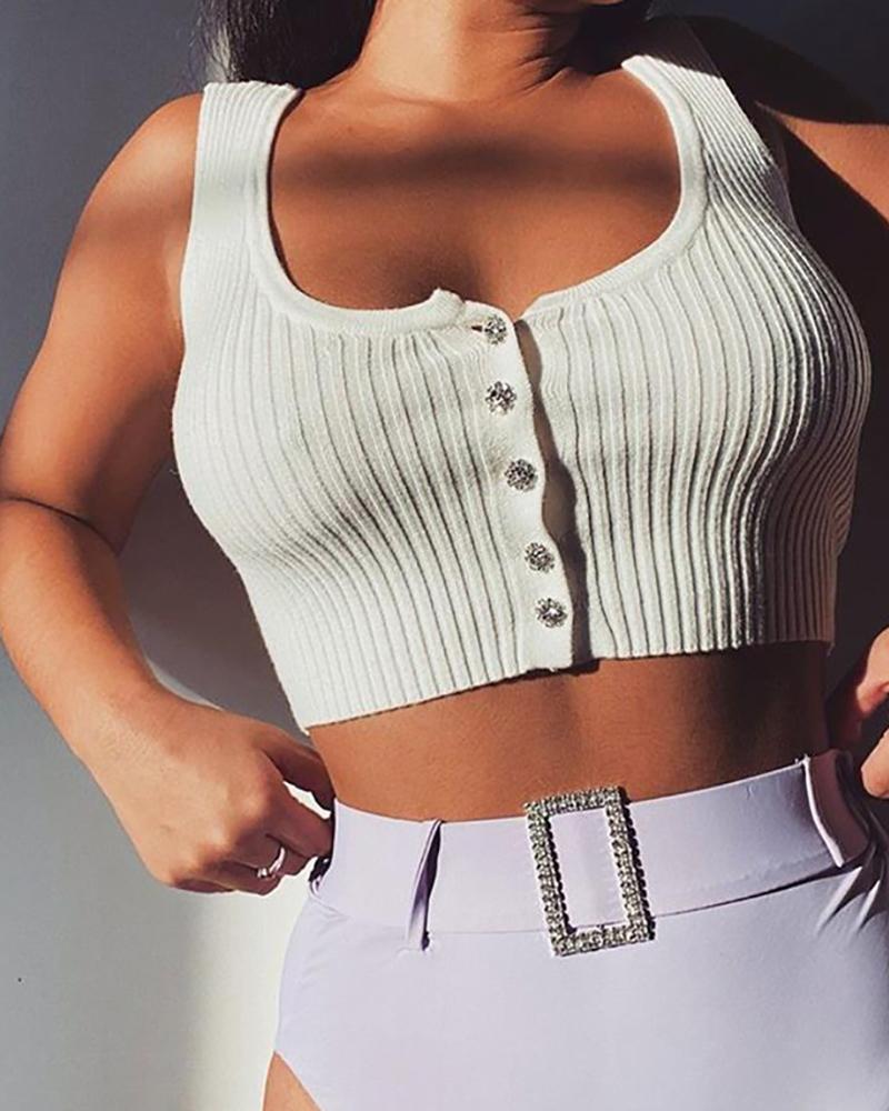

Button Design Thick Strap Casual Tank Top, White