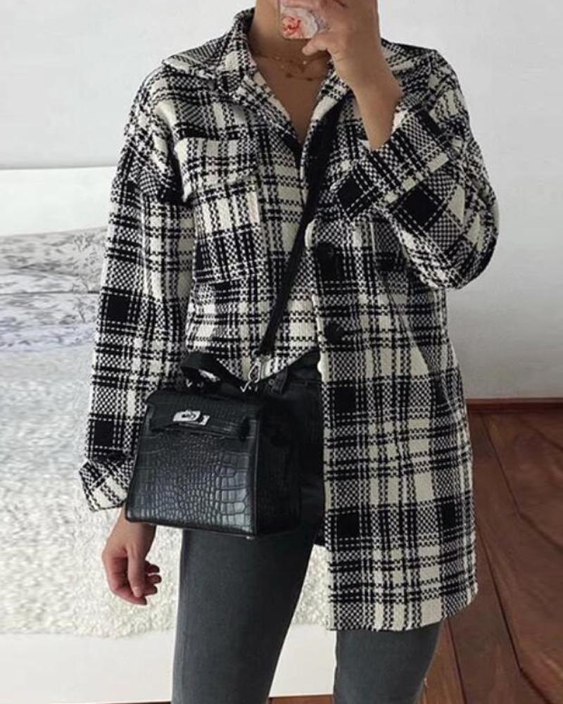 

Plaid Long Sleeve Loose Duffle Coats, Black&white