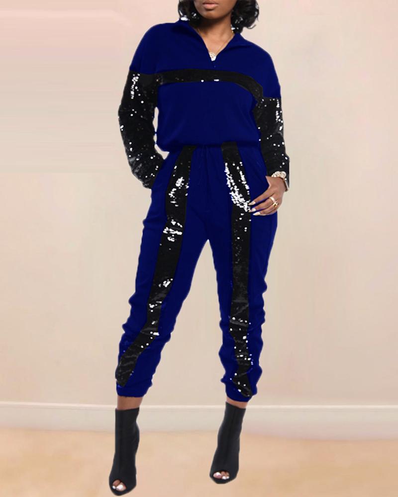 

Turn-down Collar Sequins Colorblock Top & Pants Sets, Blue