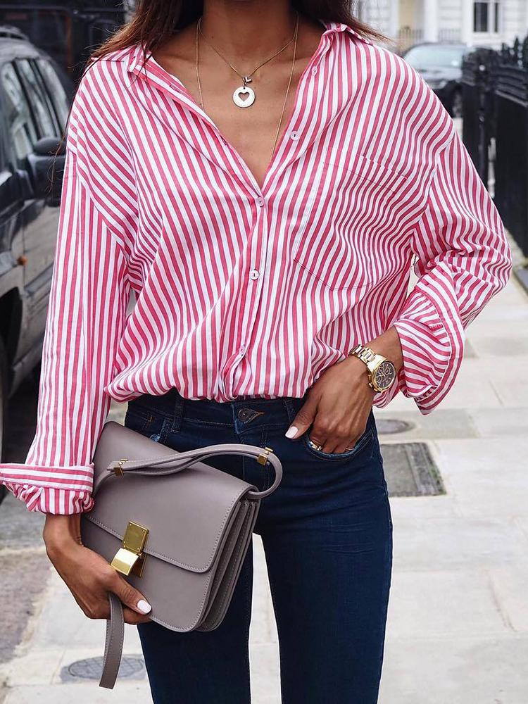 

Stripe Print Turn-Down Collar Loose Shirt Blouse