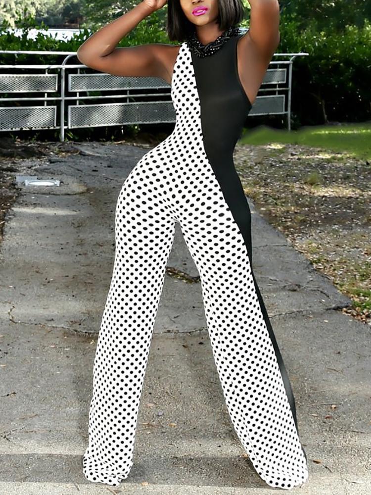 

Contrast Color Polka Dot Sleeveless Wide Leg Jumpsuit, Multicolor
