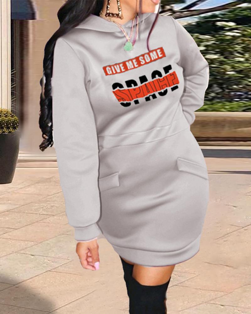 

Plus Size Letter Print Long Sleeve Hooded Sweatshirt Dress, Gray