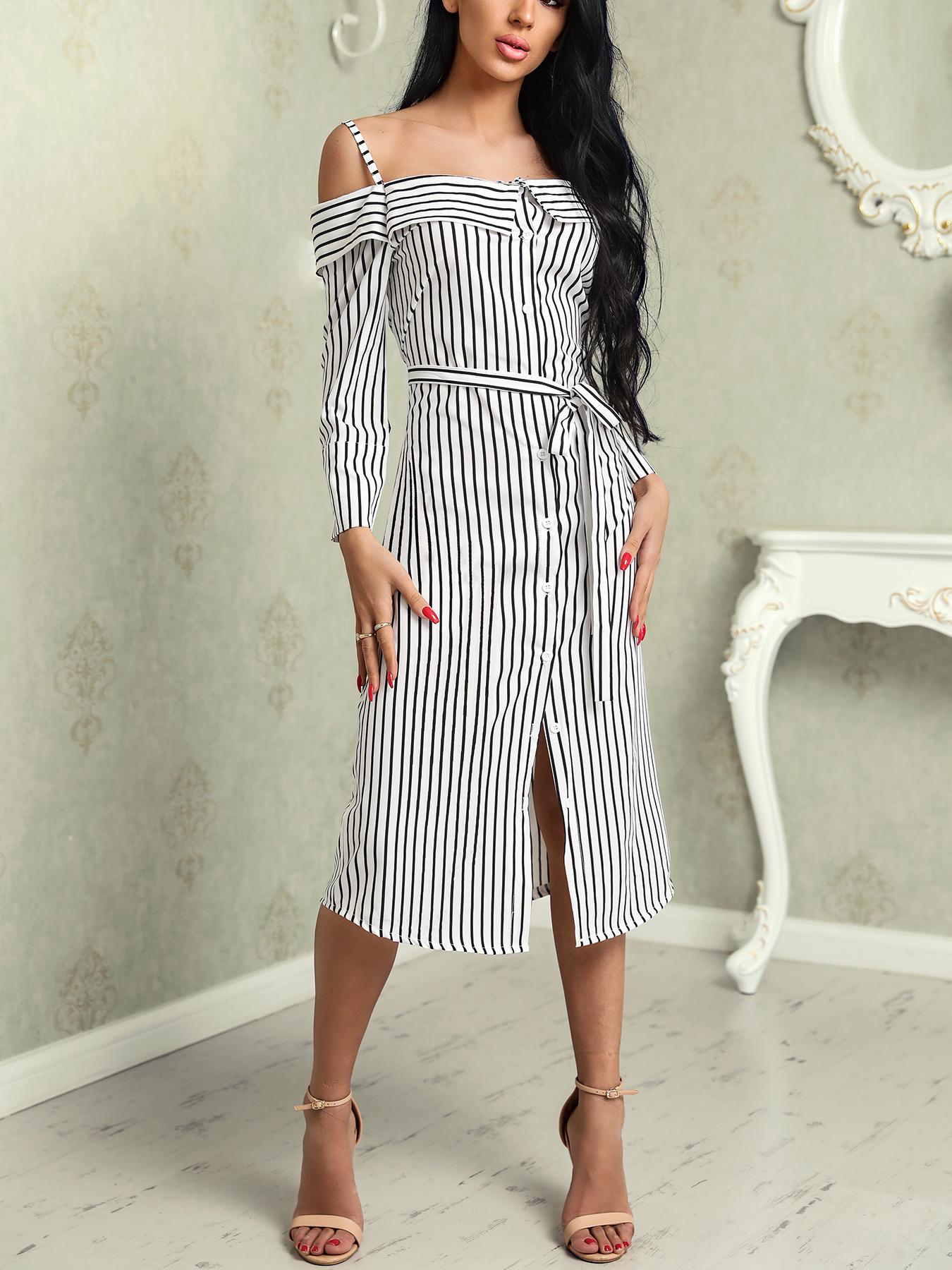 

Deep V Striped Button Belted Shirt Dress, White