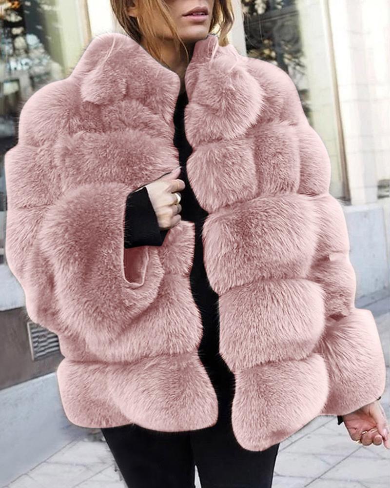 

Solid Fluffy Longline Casual Coat, Pink