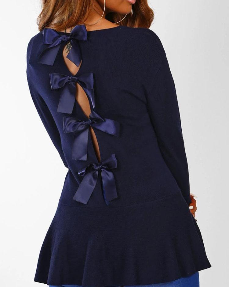 

Bowknot Back Design Flutter Hem Top, Purplish blue