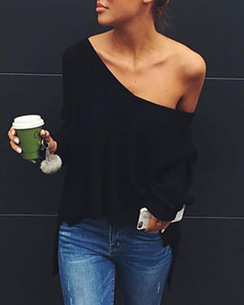 

Solid V Neck Long Sleeve Ribbed Sweater, Black