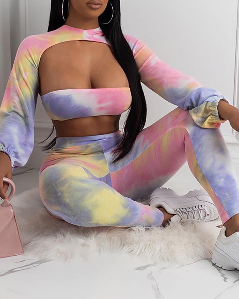 

Tie Dye Print Long Sleeve Top & Bandeau Bra & Pants Set, Pink