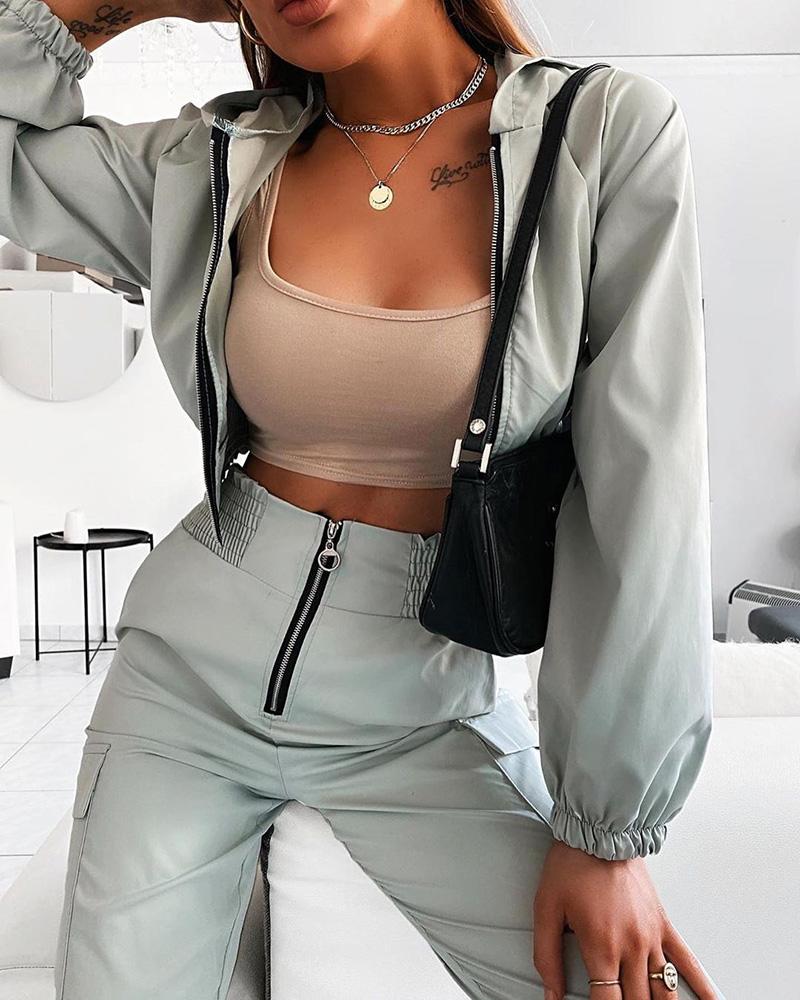 

Solid Zipper Long Sleeve Hooded Top & Pants Set, Light green