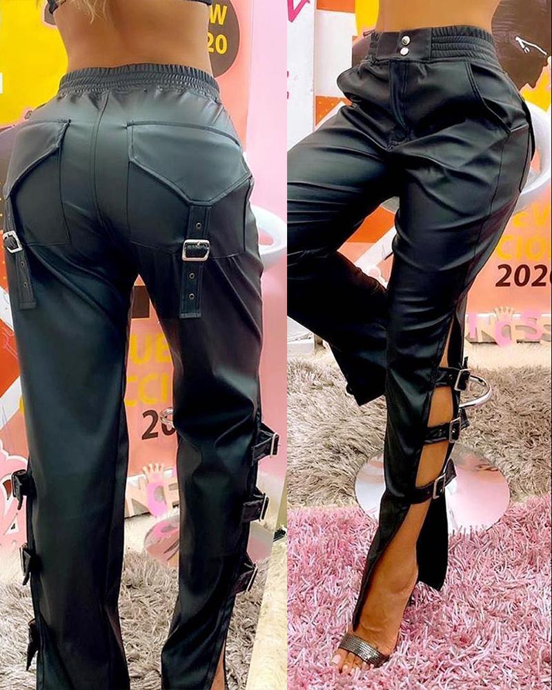 

Eyelet Buckled Cutout PU Leather Pants, Black