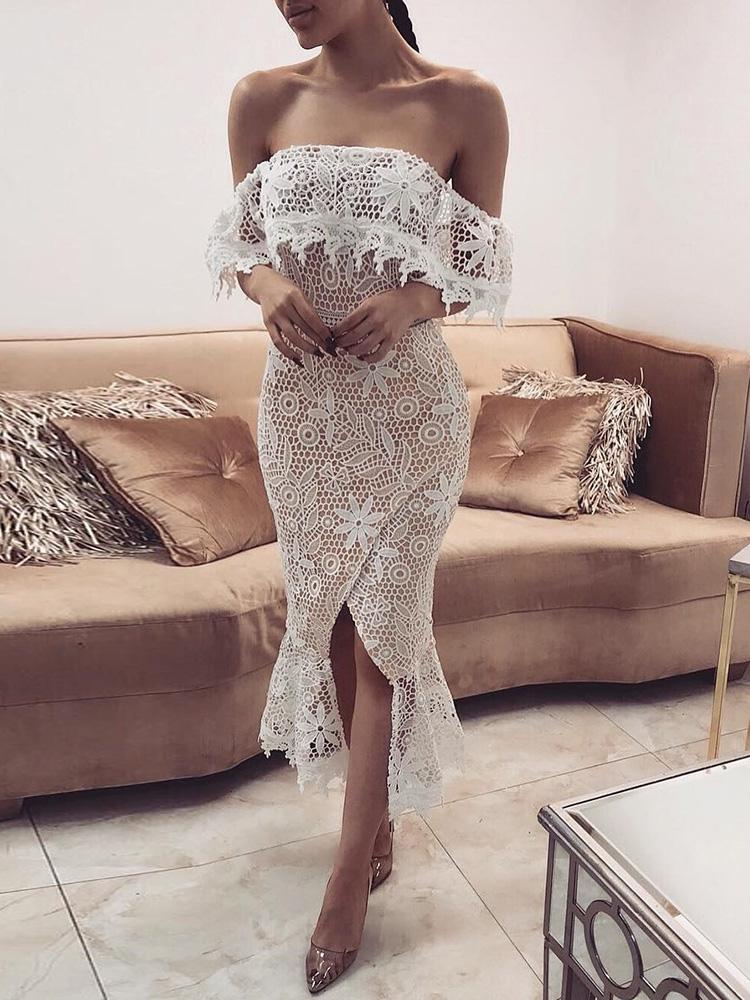 

Solid Off Shoulder Crochet Lace Bodycon Dress