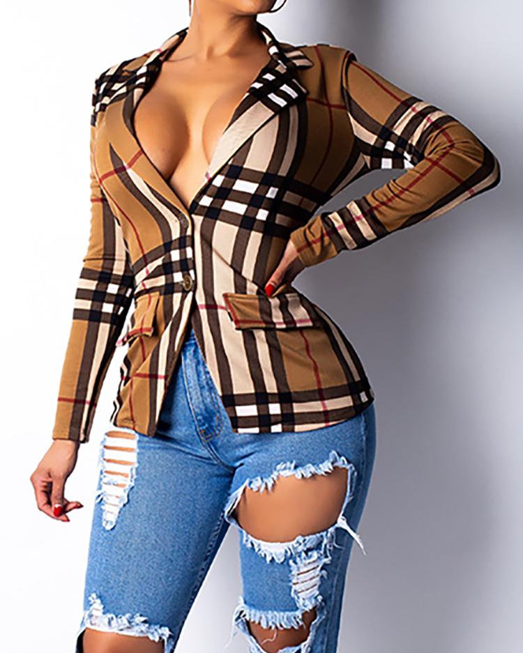

Plaid Dual Pocket Blazer Coat, Brown