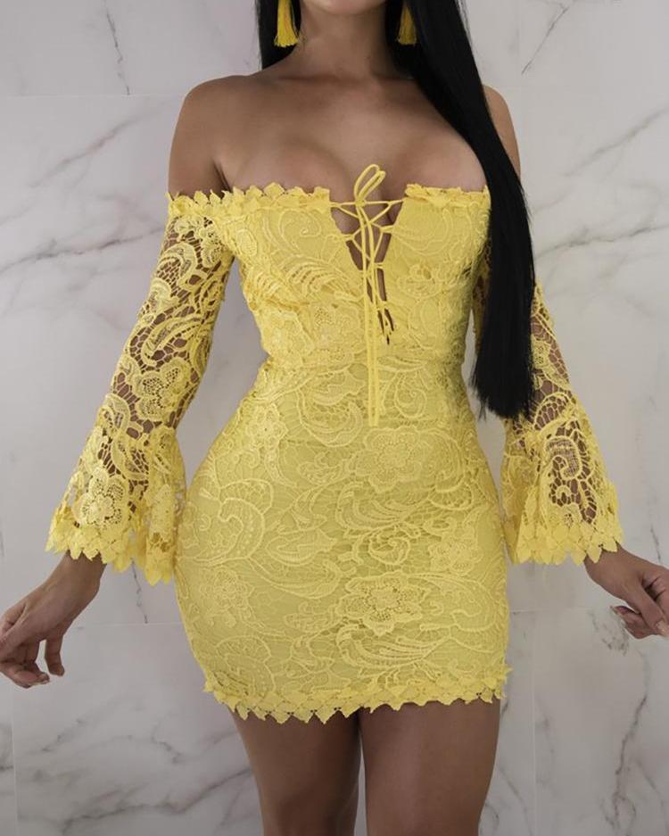 

Off Shoulder Flare Sleeve Lace-up Bodycon Dress, Yellow