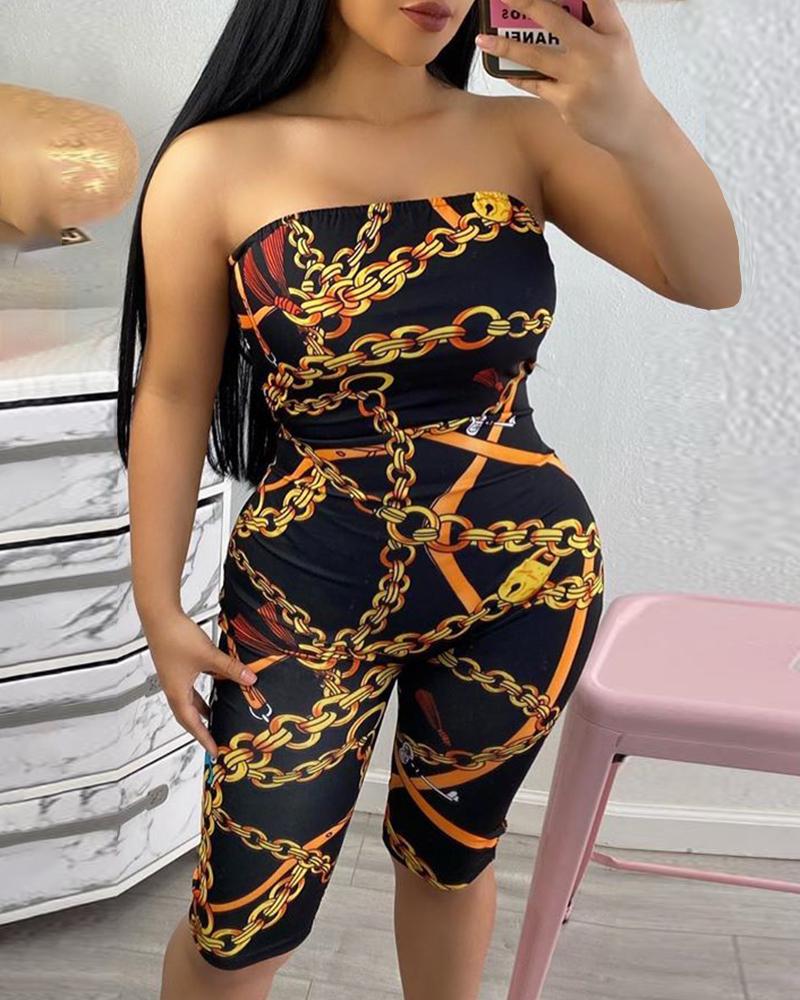 

Chain Print Bandeau Sleeveless Romper, Black
