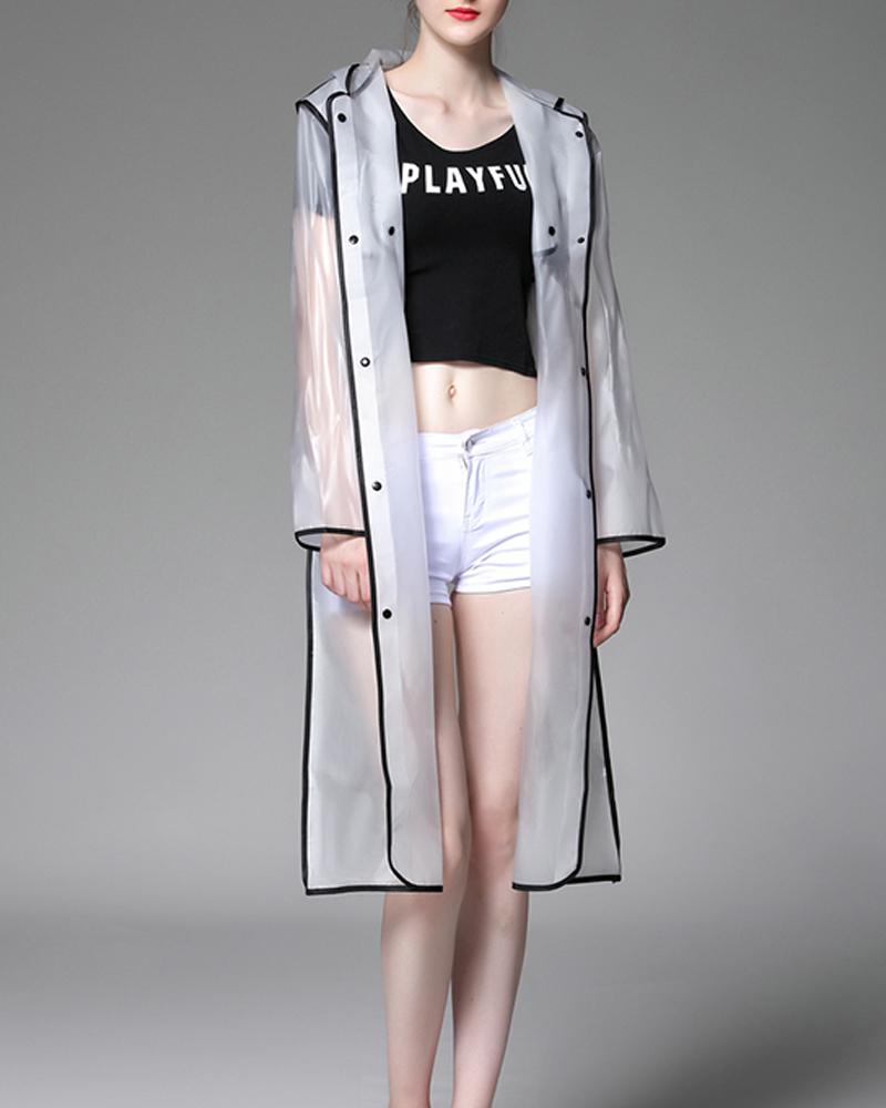 

Contrast Trim Snap Placket Raincoat, Black