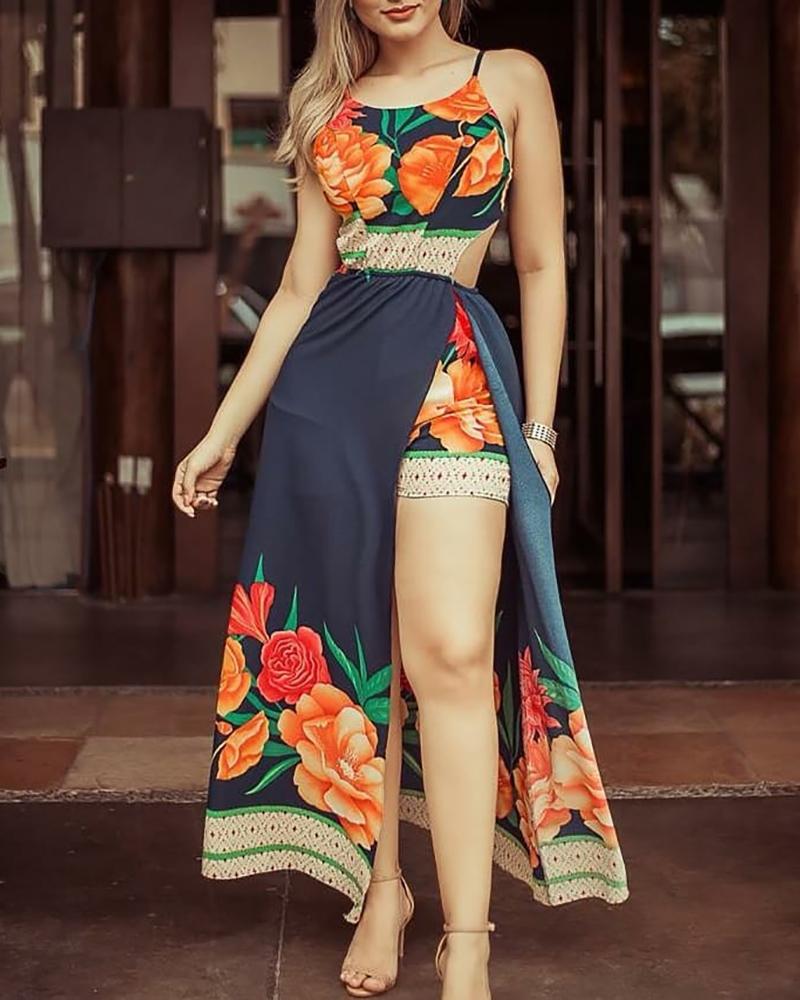

Floral Print Thigh Slit Backless Romper