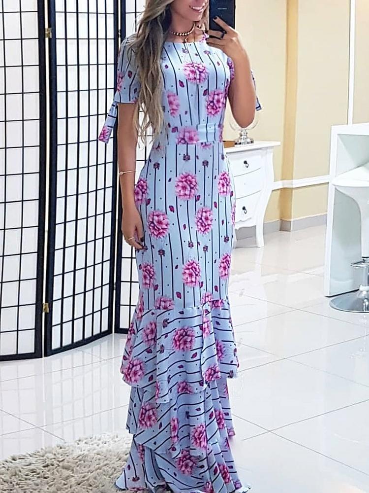 

Floral Print Layered Ruffles Hem Maxi Dress