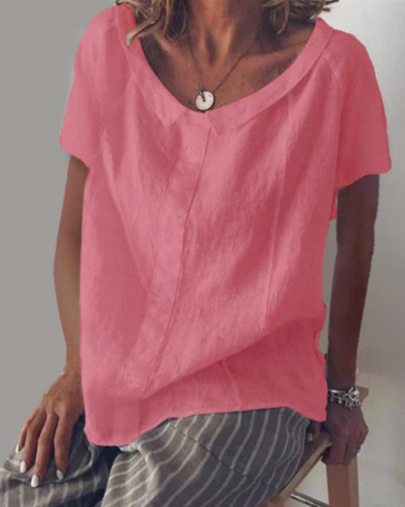 

Linen Blend Short Sleeve Top, Pink