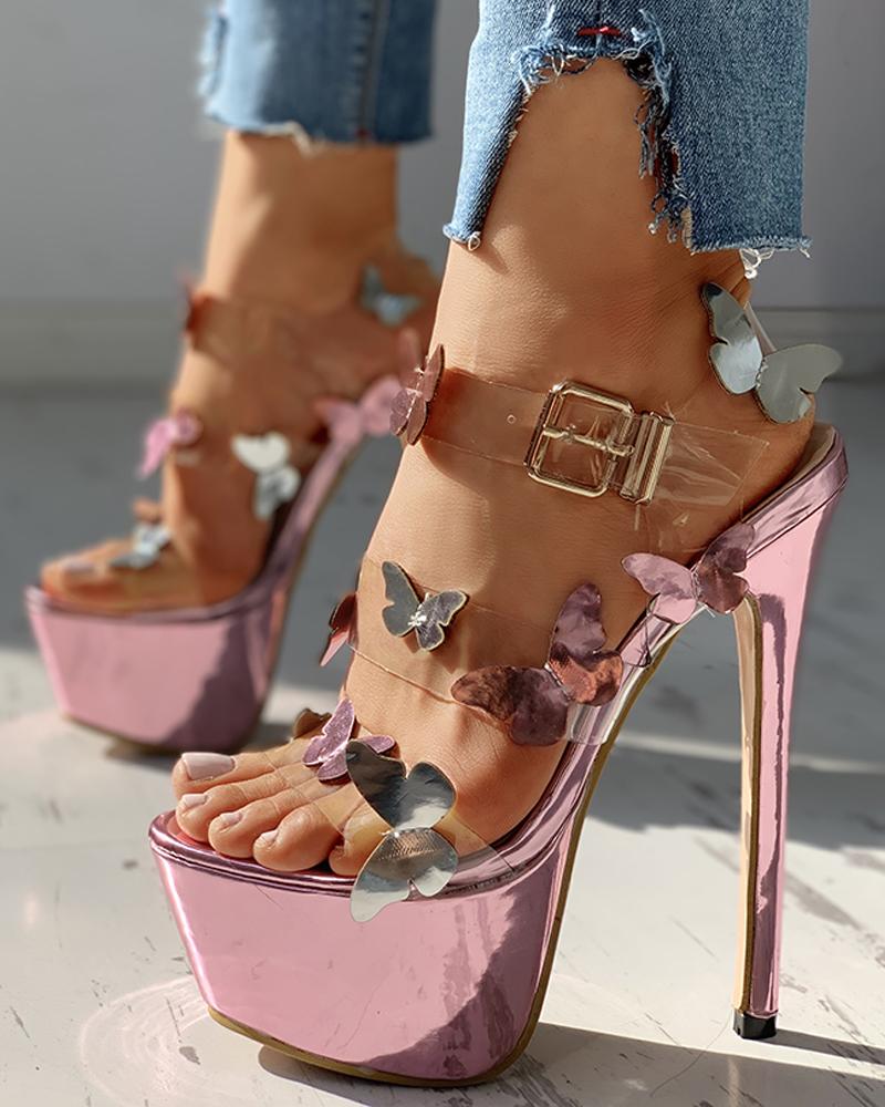 

Glitter Butterfly Sequins Platform Thin Heeled Sandals, Pink