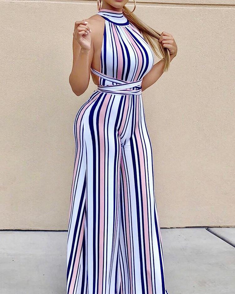 

Striped Halter Crisscross Backless Jumpsuit, Multicolor