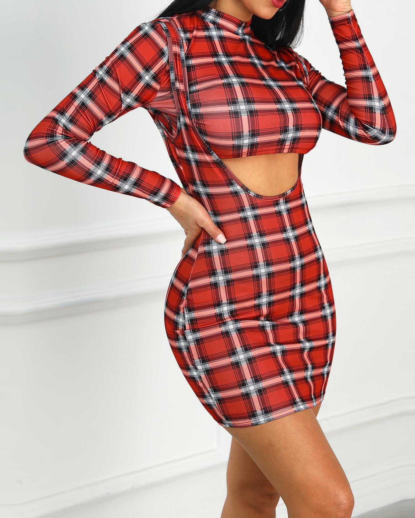 

Plaid Crop Top & Pinafore Dress Set, Red