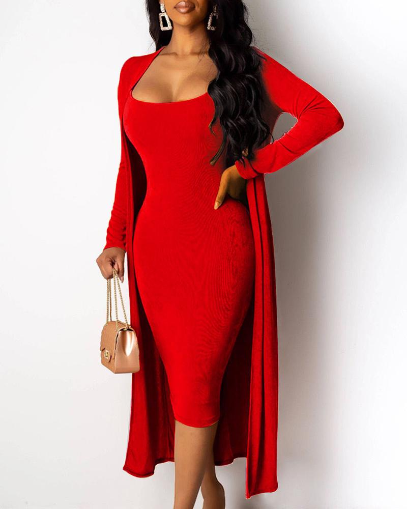 

Solid Spaghetti Strap Bodycon Dress & Casual Longline Coat Sets, Red
