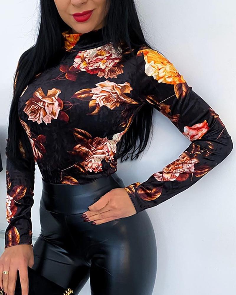 

Mock Neck Floral Print Top, Black